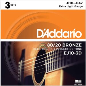 D'Addario EJ10-3D Bronze Acoustic Guitar Strings, Extra Light, 10-47, 3 SETS