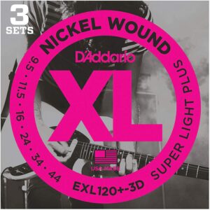 D'Addario EXL120+-3D Electric Guitar Strings, Super Light Plus, 9.5-44, 3 SETS
