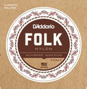 D'Addario EJ34 Folk Nylon 80/20 Bronze Ball Black NylonTreble Guitar Strings