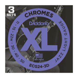 D'Addario ECG24-3D Chromes Flat Wound Electric Guitar Strings, Jazz Light, 11-50, 3 SETS